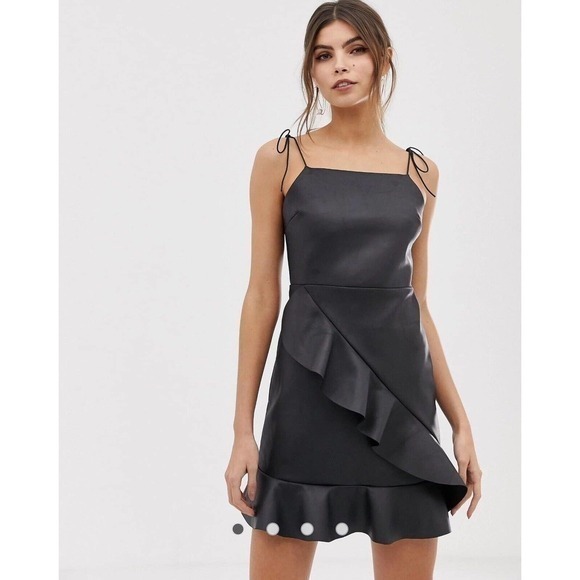 ASOS Design‎ PU Womens Size 12 Black Strappy Mini Ruffle Skirt Toe Strap Dress - Picture 8 of 9